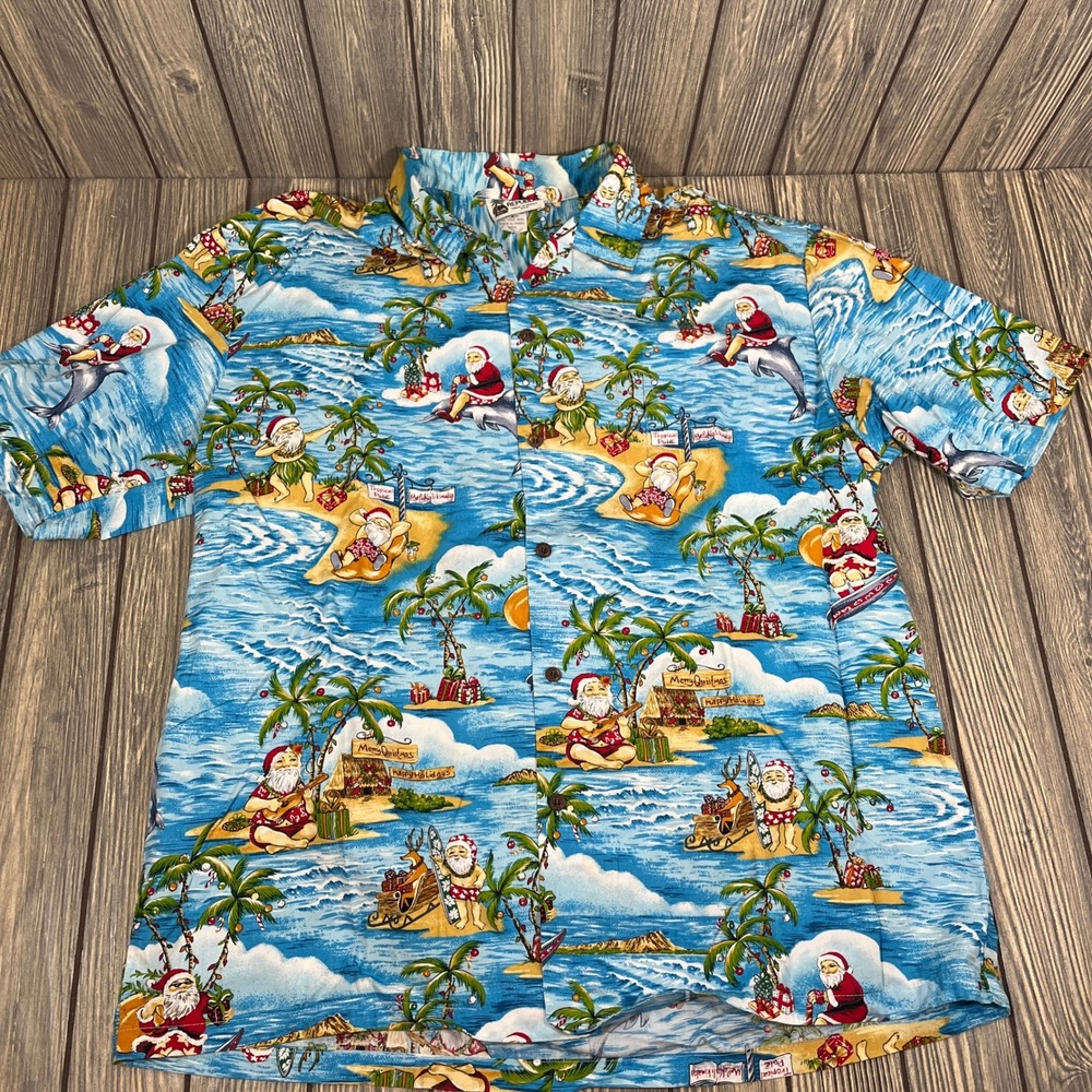 Aloha Republic Christmas Shirt Men XL Blue Tropical Santa Mele Kalikimaka Hawaii